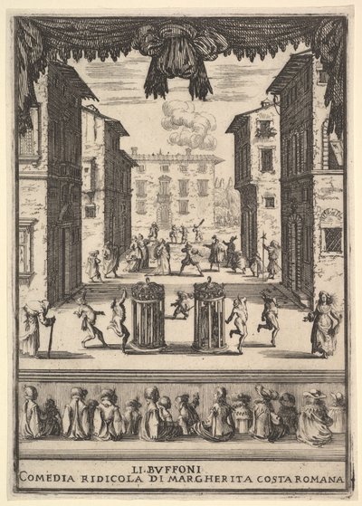 Etukappale komediaan The Buffoons Li Buffoni, lavalle asetettu pu..., 1639-41. tekijältä Stefano della Bella