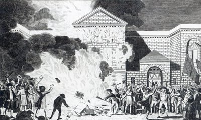 Lontoon mellakoijien aiheuttamat tuhot ampuivat Newgaten uuden vankilan ja polttivat herra Akermanin huonekalut, 6. kesäkuuta 1780, kaiverrus T. Thornton tekijältä William Hamilton